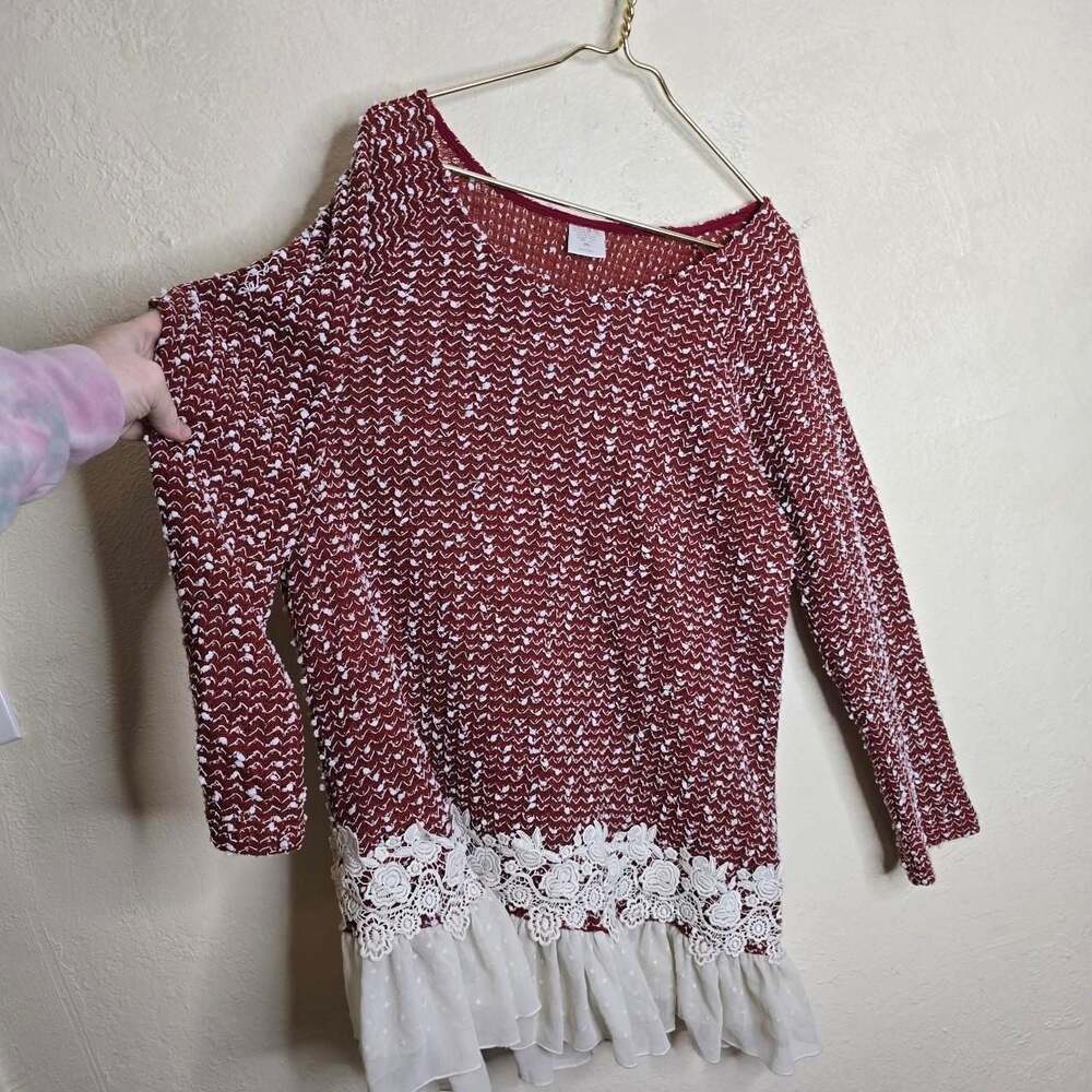 Burgundy Popcorn Knit Lace Ruffle Tunic Dress - Picture 5 of 8